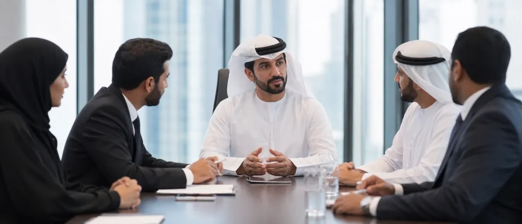Property lawyer Dubai team meeting with a client to discuss a real estate legal matter